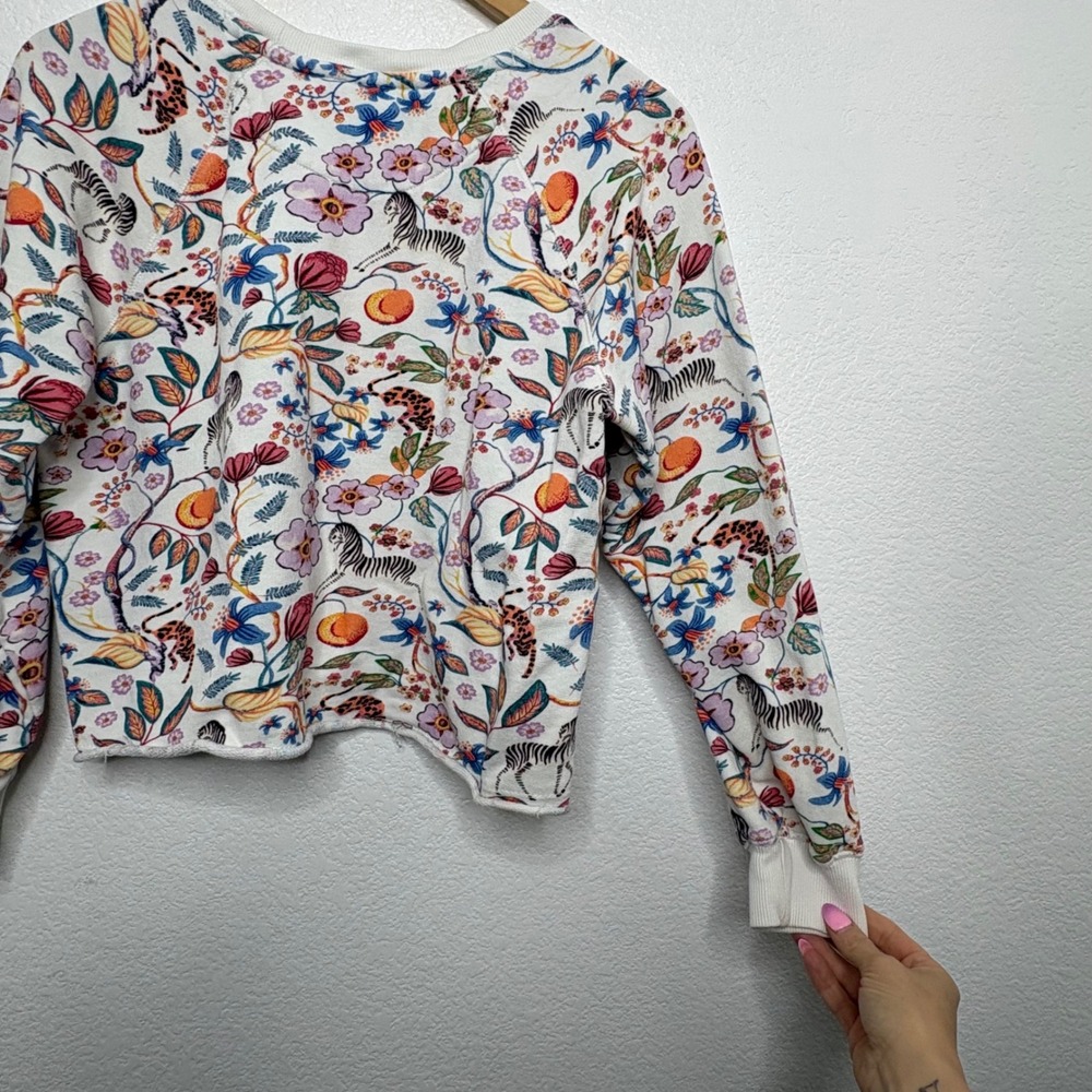 Maeve Anthropologie Ciao Graphic Sweatshirt XS White Floral Zebra Leopard - Picture 7 of 7